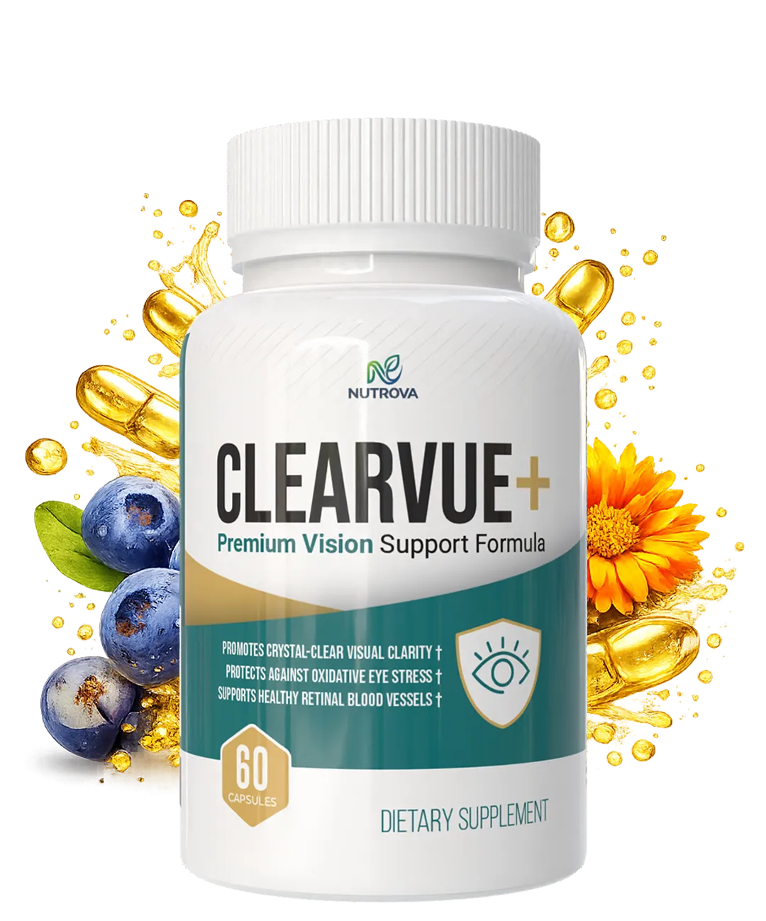 ClearVue+ supplement bottle with blueberries and golden capsules